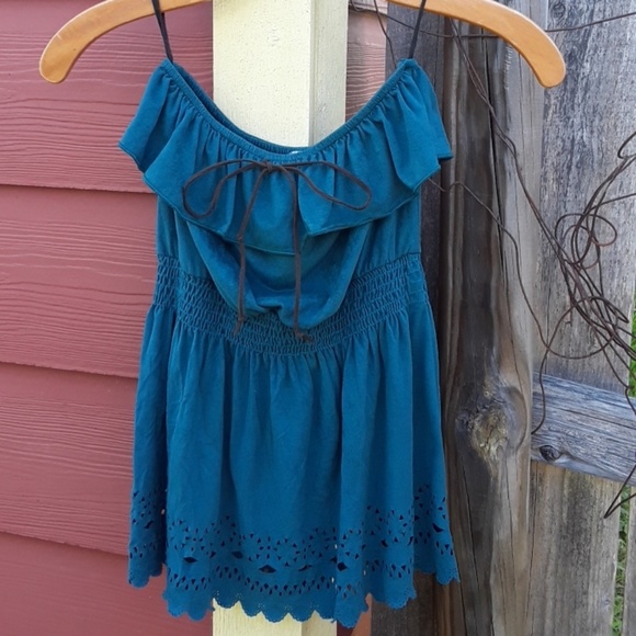 Celine Faux Suede Teal Halter Top - Picture 1 of 5